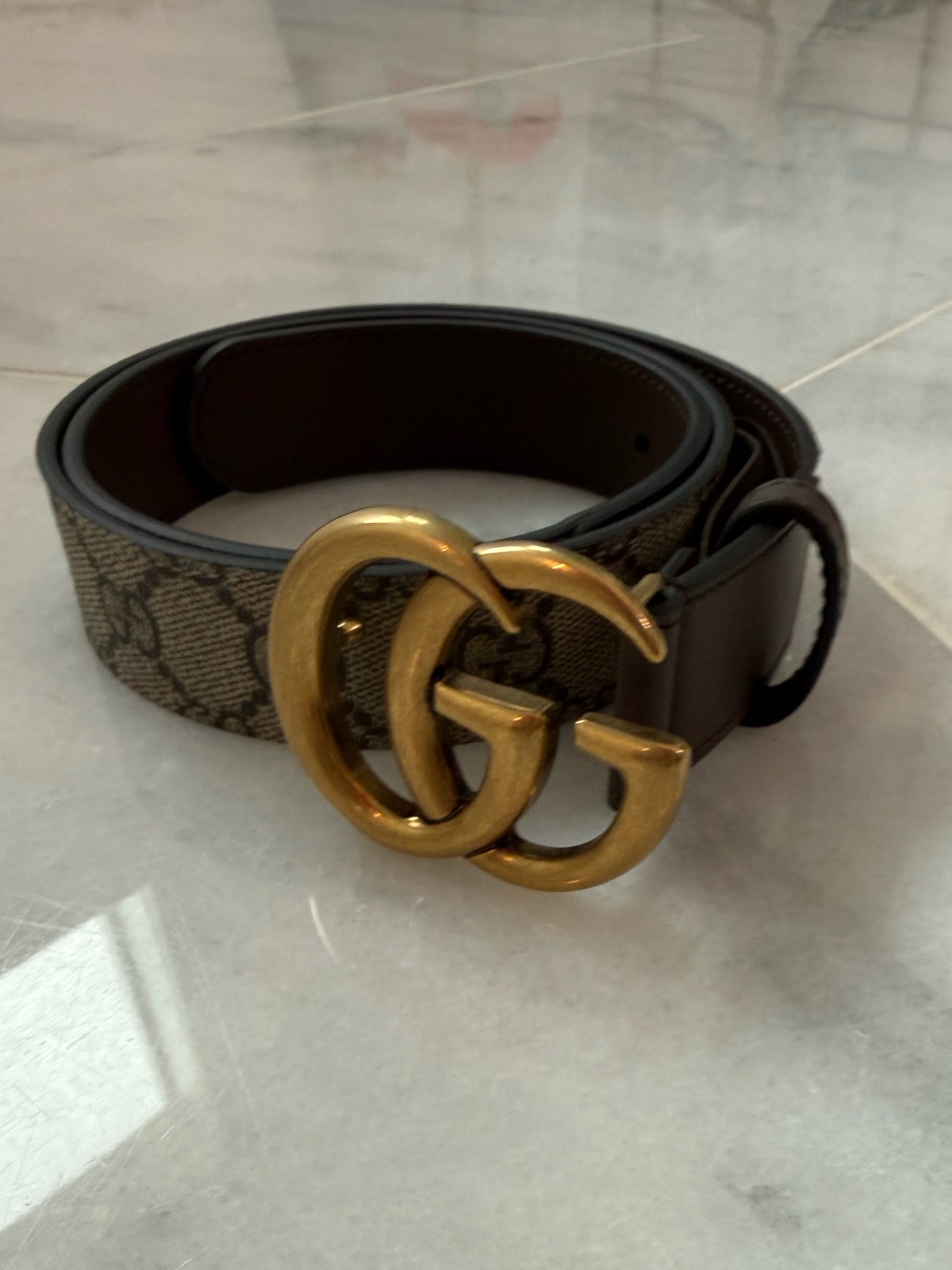 Authentic Gucci Brown Monogram Belt With Gold Double G Buckle